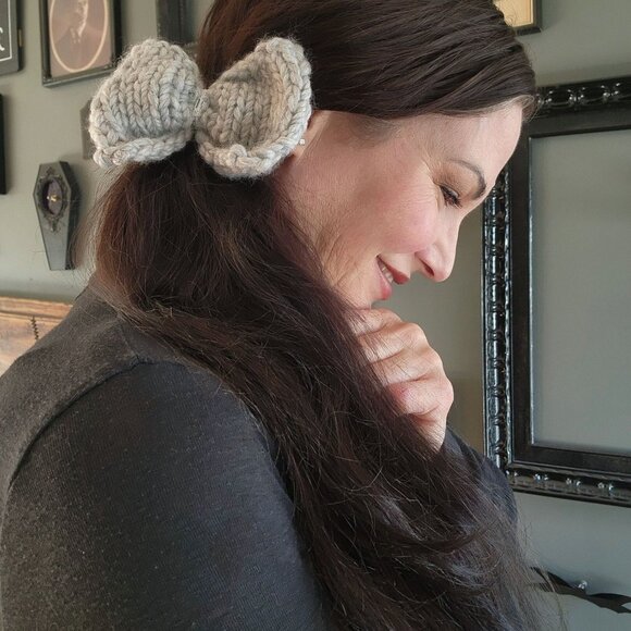 Hand Knit Hair Bow, Frost Gray Ponytail Holder or Hair Band, "Ice Queen" - Picture 1 of 6